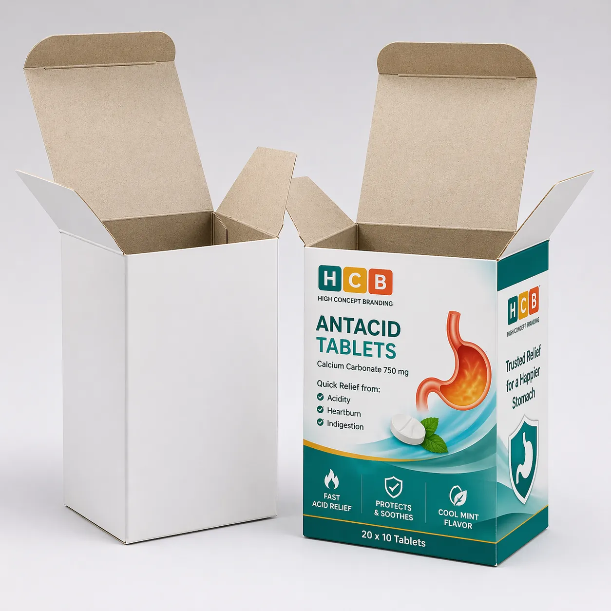 An open and closed orange themed branded box designed for chewable antacid tablet product packaging.